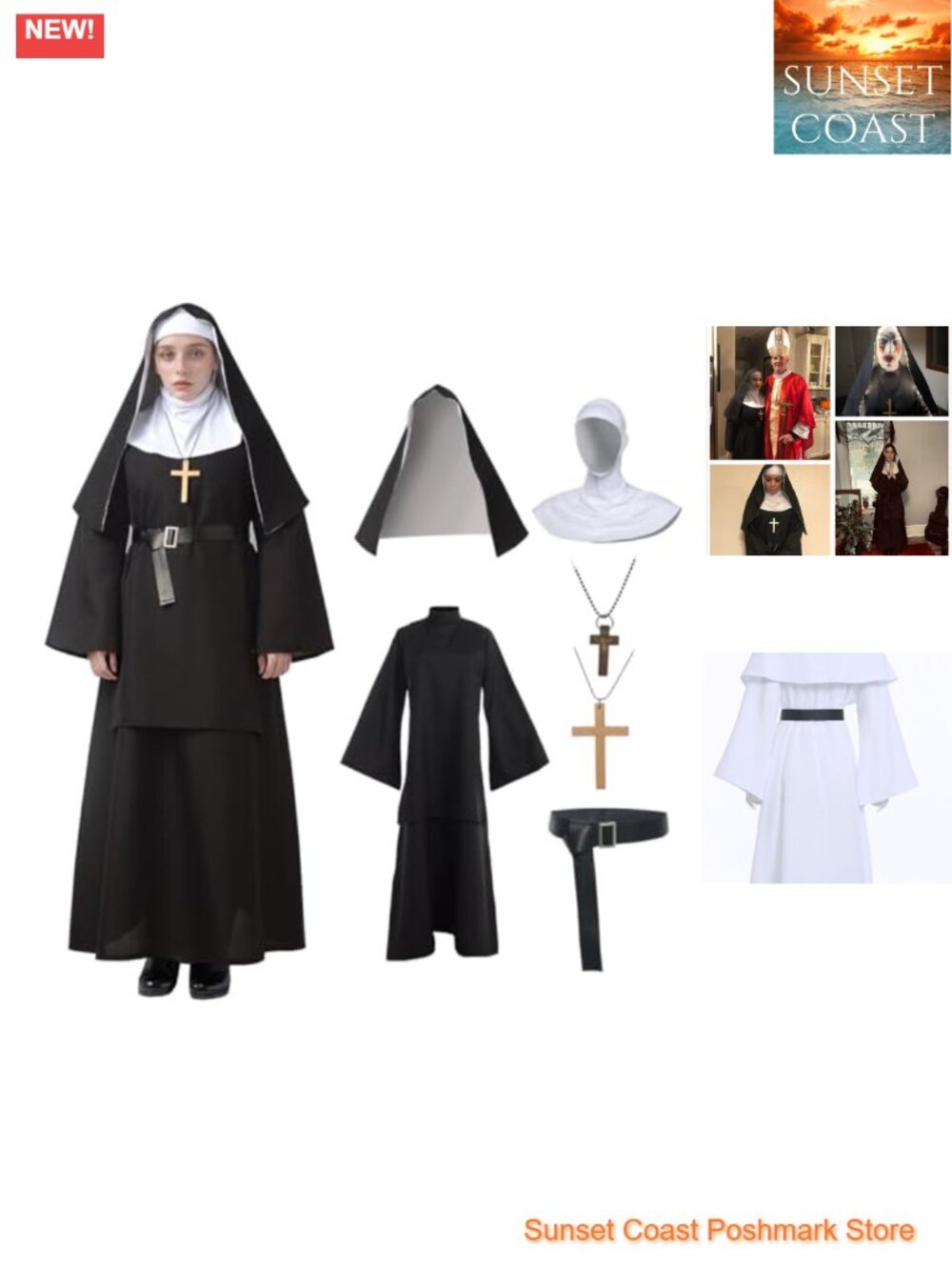 Womens Nun Costume Dress Belt Headpiece Cross Halloween Cosplay Party